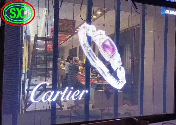 Εσωτερική πλήρης χρώματος διαφανής οθόνη LED P3.91 γυάλινα παράθυρα για εμπορικό κέντρο